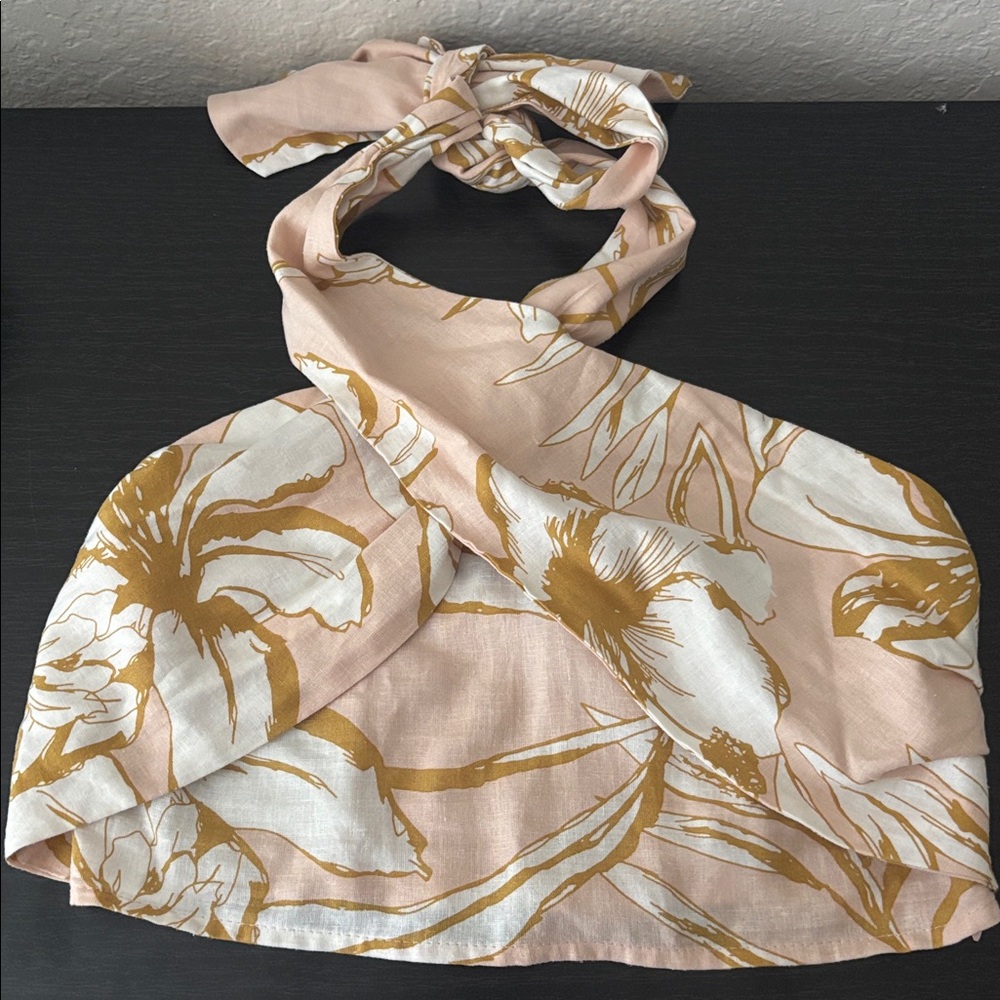 Rachel Zoe Linen Blend Tropical Print Halter Crop Tank Top Pink White Gold Sze S